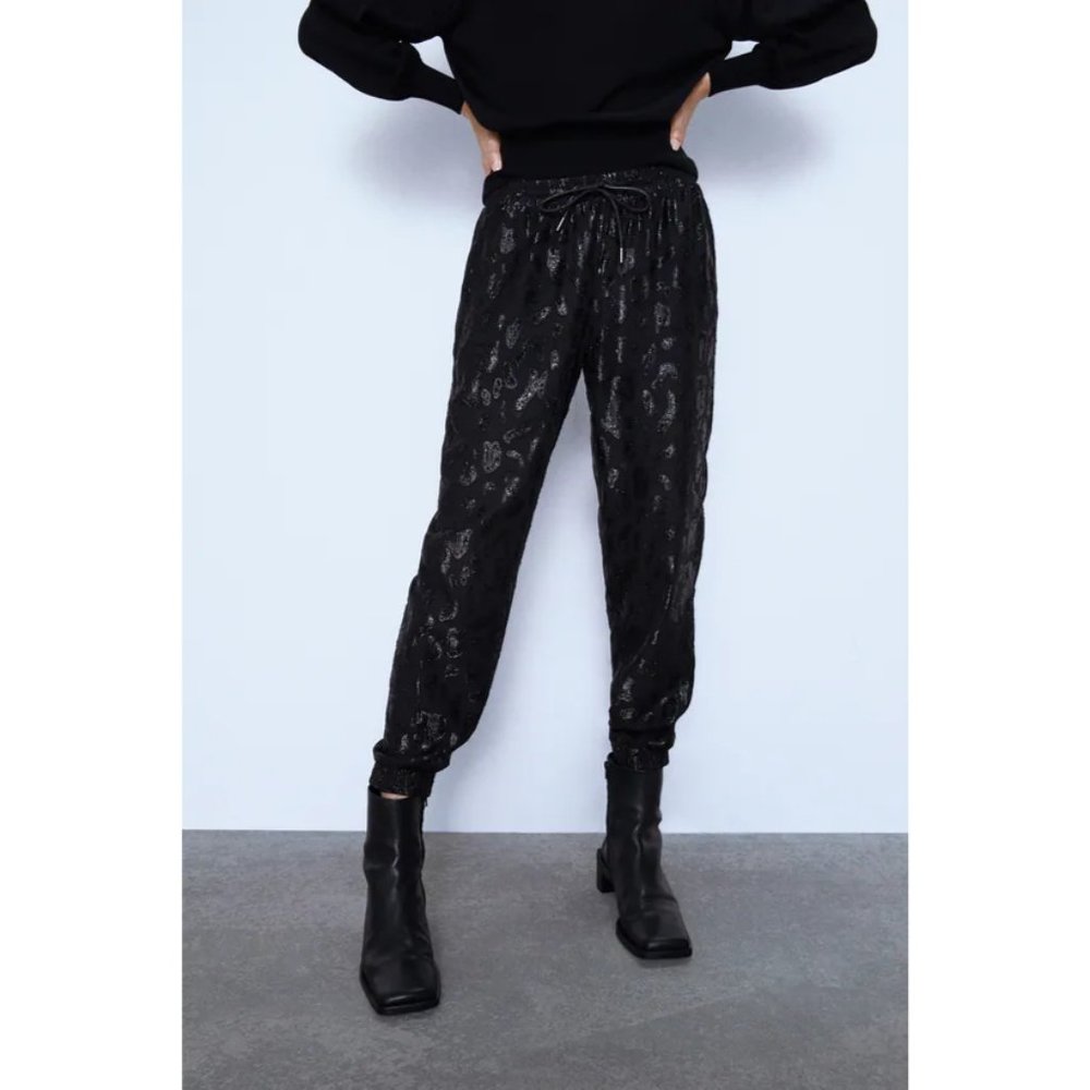 ZARA Women's Size Small Black Leopard Tonal Textured Loose Jogging Trousers Pant